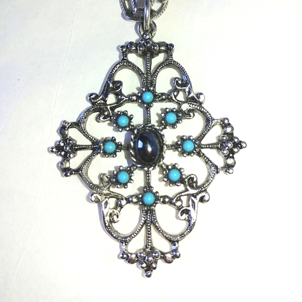 AVON MIRABELLA SET - VINTAGE FAUX TURQUOISE & HEMATITE NECKLACE & EARRINGS - Picture 2 of 11